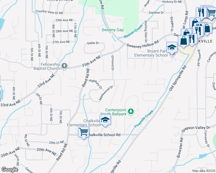 map of restaurants, bars, coffee shops, grocery stores, and more near 2326 Applewood Drive in Center Point