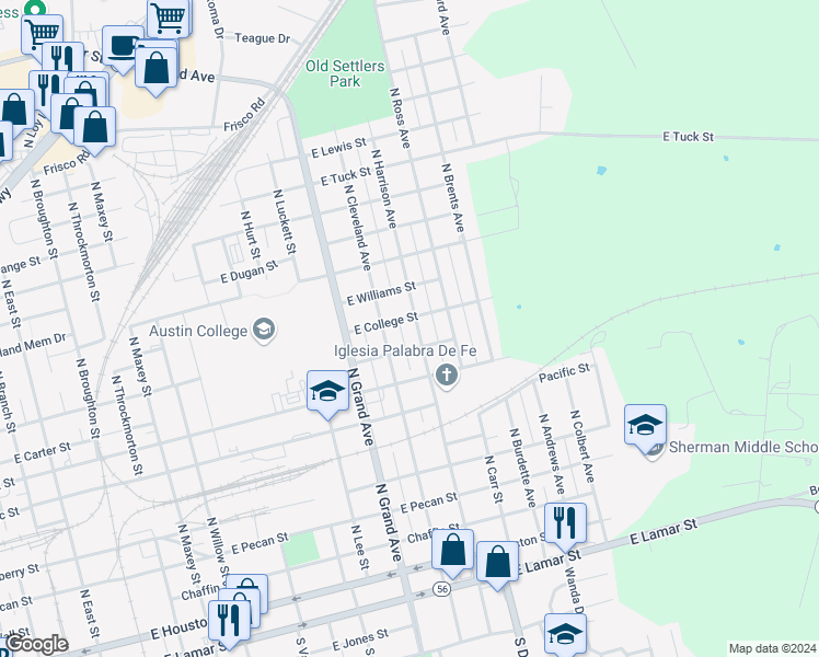 map of restaurants, bars, coffee shops, grocery stores, and more near 814 North Harrison Avenue in Sherman