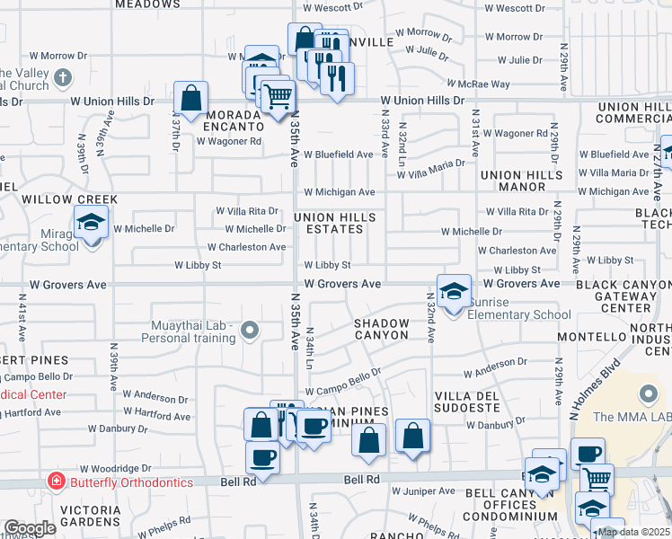 map of restaurants, bars, coffee shops, grocery stores, and more near 3415 West Libby Street in Phoenix