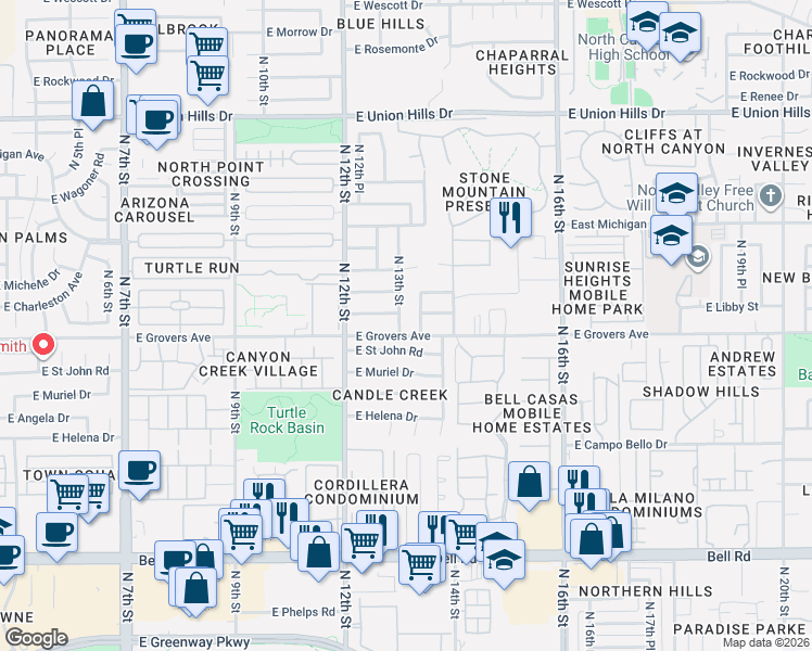 map of restaurants, bars, coffee shops, grocery stores, and more near 17805 North 13th Street in Phoenix