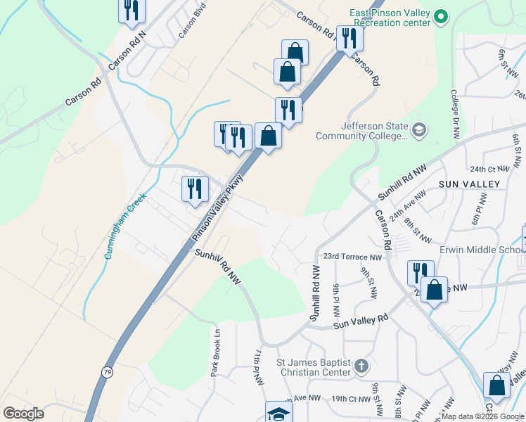 map of restaurants, bars, coffee shops, grocery stores, and more near 100 Pinson Place in Birmingham