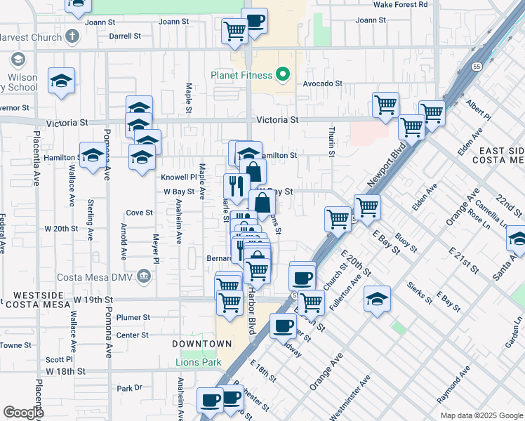 map of restaurants, bars, coffee shops, grocery stores, and more near 2026 Harbor Boulevard in Costa Mesa
