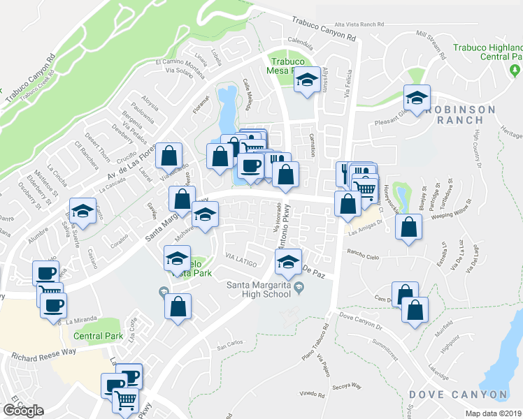 map of restaurants, bars, coffee shops, grocery stores, and more near 28 Vía Esperanza in Rancho Santa Margarita