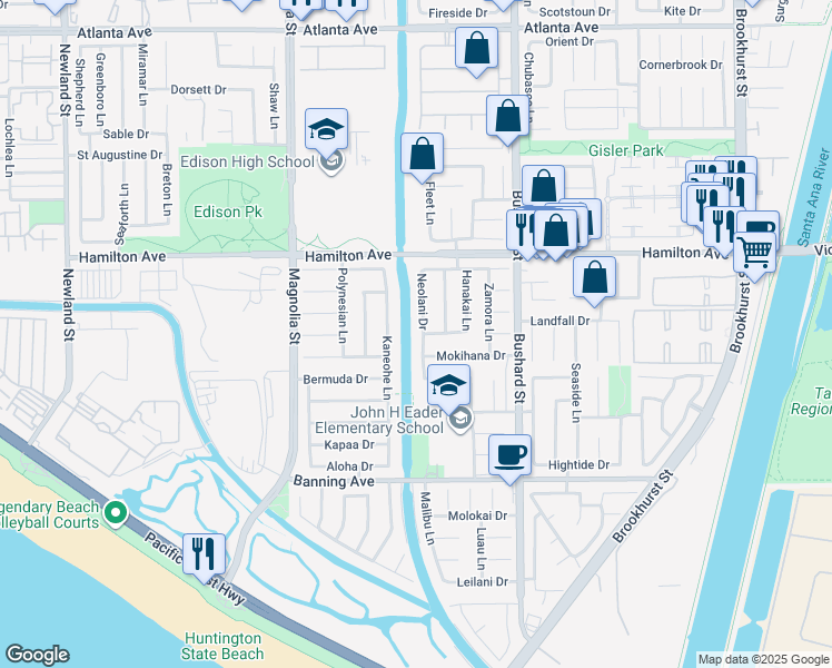 map of restaurants, bars, coffee shops, grocery stores, and more near 21671 Impala Lane in Huntington Beach
