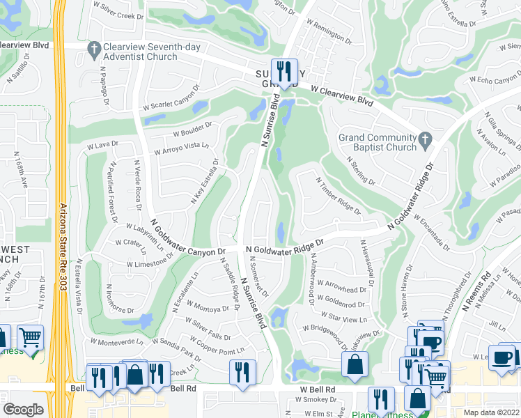 map of restaurants, bars, coffee shops, grocery stores, and more near 18027 North Somerset Drive in Surprise