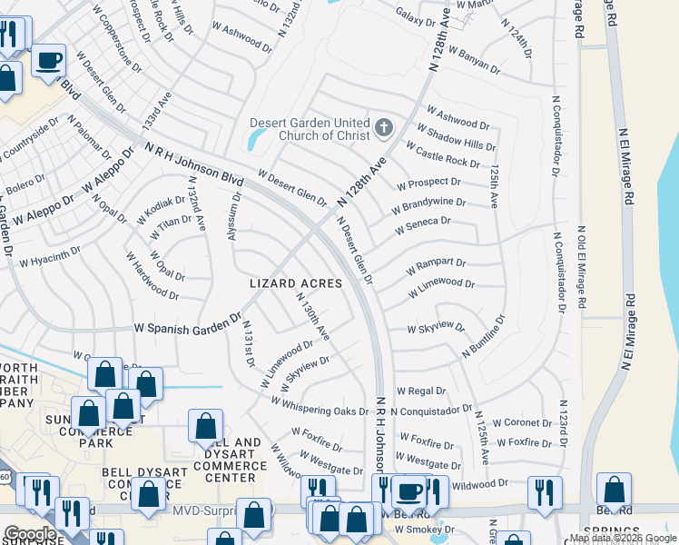map of restaurants, bars, coffee shops, grocery stores, and more near 18007 North 129th Avenue in Sun City West