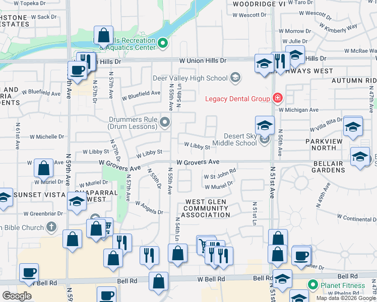 map of restaurants, bars, coffee shops, grocery stores, and more near 17822 North 54th Drive in Glendale