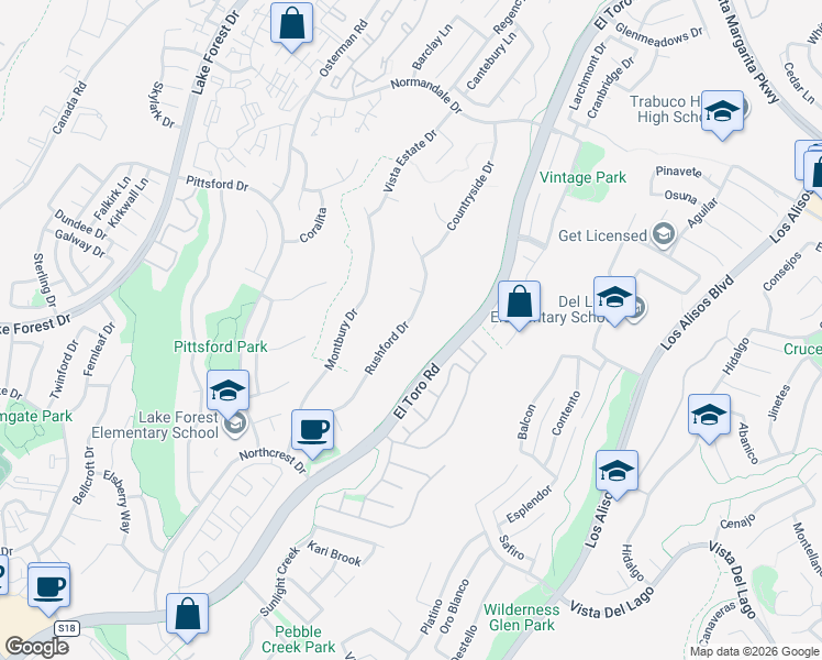 map of restaurants, bars, coffee shops, grocery stores, and more near 21676 Rushford Drive in Lake Forest