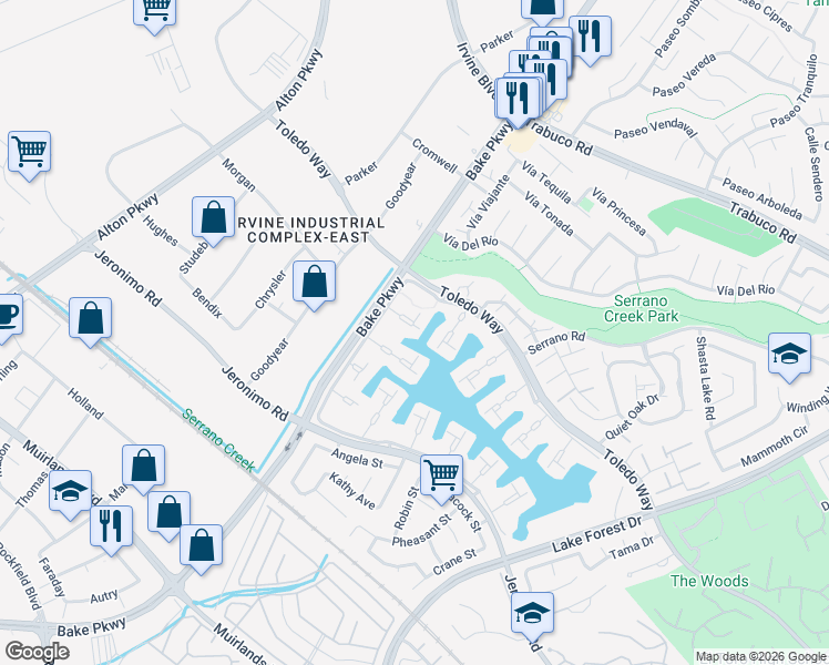 map of restaurants, bars, coffee shops, grocery stores, and more near 24325 Ponchartrain Lane in Lake Forest