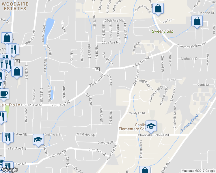 map of restaurants, bars, coffee shops, grocery stores, and more near 2424 7th Place Northeast in Center Point