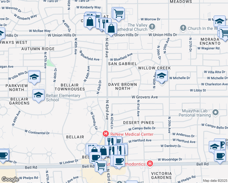 map of restaurants, bars, coffee shops, grocery stores, and more near 17818 North 42nd Avenue in Glendale