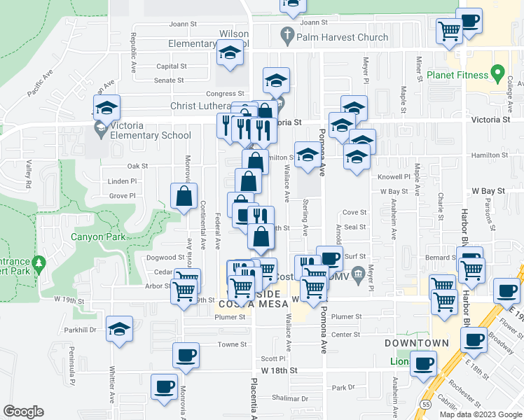 map of restaurants, bars, coffee shops, grocery stores, and more near 790 Wonder Lane in Costa Mesa