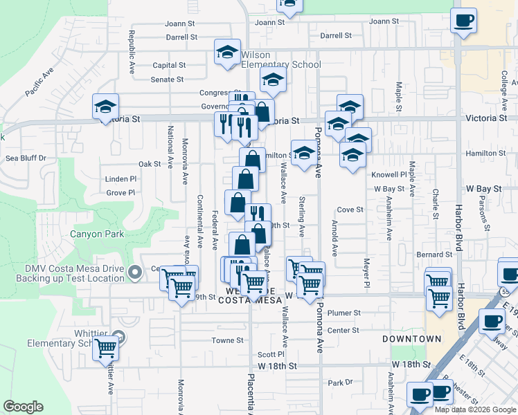 map of restaurants, bars, coffee shops, grocery stores, and more near 780 Wonder Lane in Costa Mesa