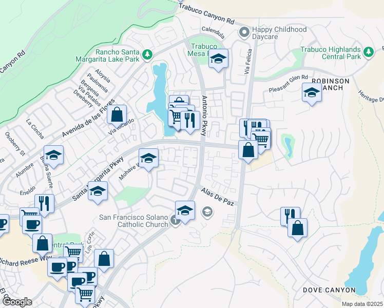 map of restaurants, bars, coffee shops, grocery stores, and more near 13 Vía Honrado in Rancho Santa Margarita