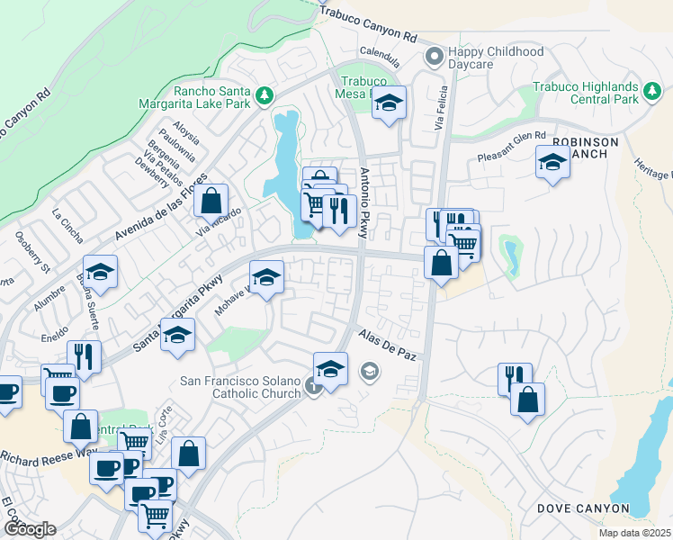 map of restaurants, bars, coffee shops, grocery stores, and more near 28 Vía Esperanza in Rancho Santa Margarita