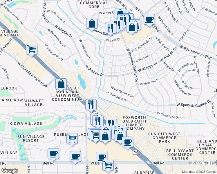 map of restaurants, bars, coffee shops, grocery stores, and more near 18002 North 136th Avenue in Sun City West