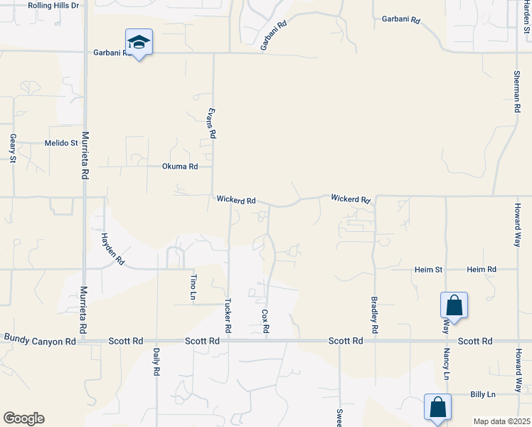 map of restaurants, bars, coffee shops, grocery stores, and more near 32531 Cox Road in Menifee