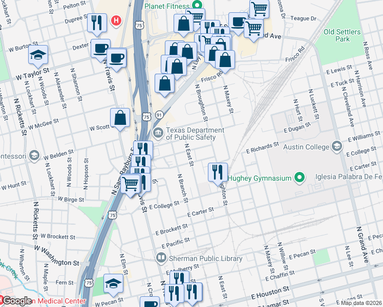 map of restaurants, bars, coffee shops, grocery stores, and more near 500 East Evergreen Street in Sherman