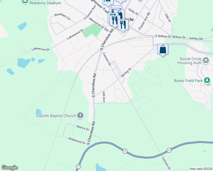 map of restaurants, bars, coffee shops, grocery stores, and more near 516 Spring Street in Social Circle