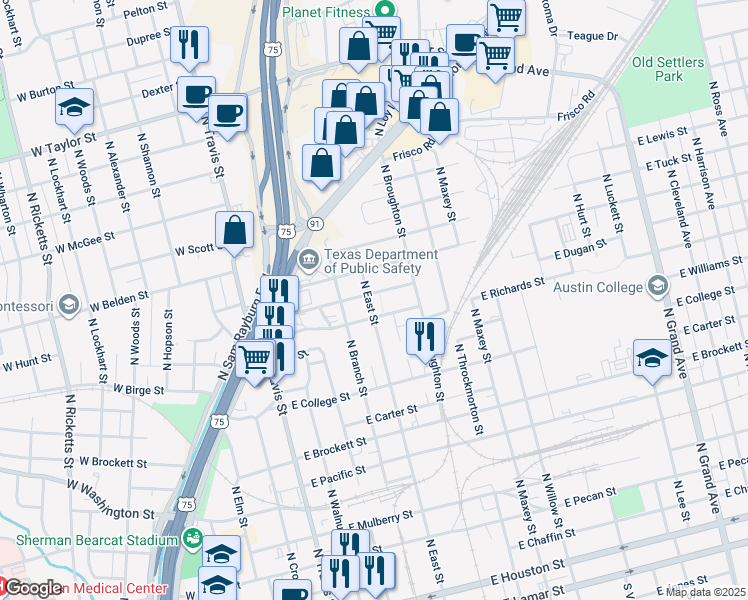 map of restaurants, bars, coffee shops, grocery stores, and more near 500 E Evergreen St in Sherman