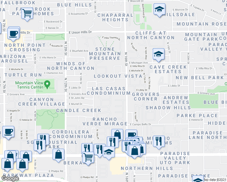 map of restaurants, bars, coffee shops, grocery stores, and more near 1502 East Grovers Avenue in Phoenix