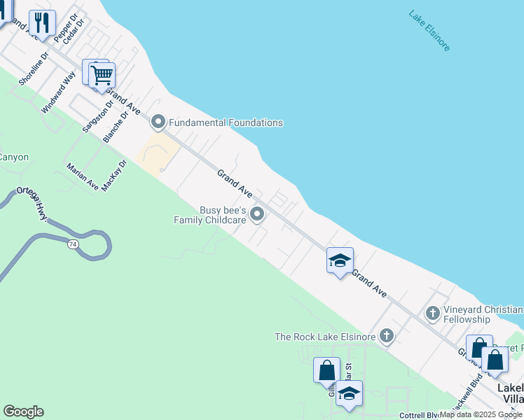 map of restaurants, bars, coffee shops, grocery stores, and more near 16705 Grand Avenue in Lake Elsinore