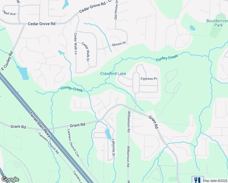 map of restaurants, bars, coffee shops, grocery stores, and more near 2629 Brookgate Crossing in Ellenwood