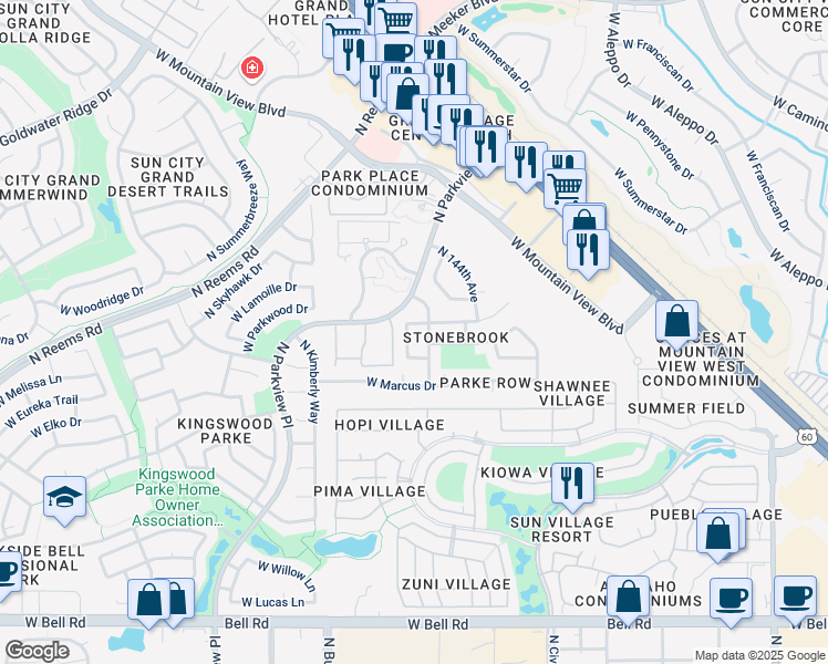 map of restaurants, bars, coffee shops, grocery stores, and more near 18026 North 145th Drive in Surprise