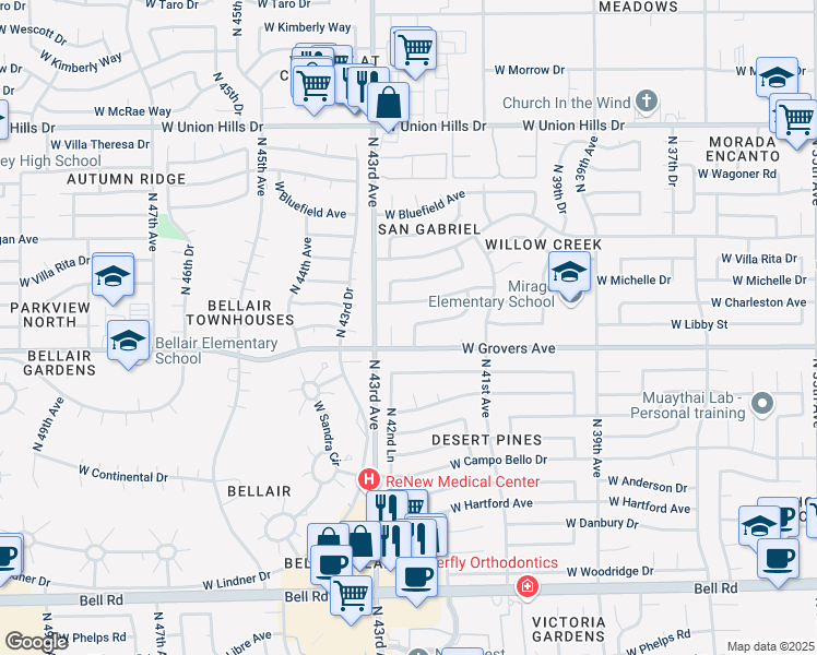 map of restaurants, bars, coffee shops, grocery stores, and more near 17818 North 42nd Avenue in Glendale