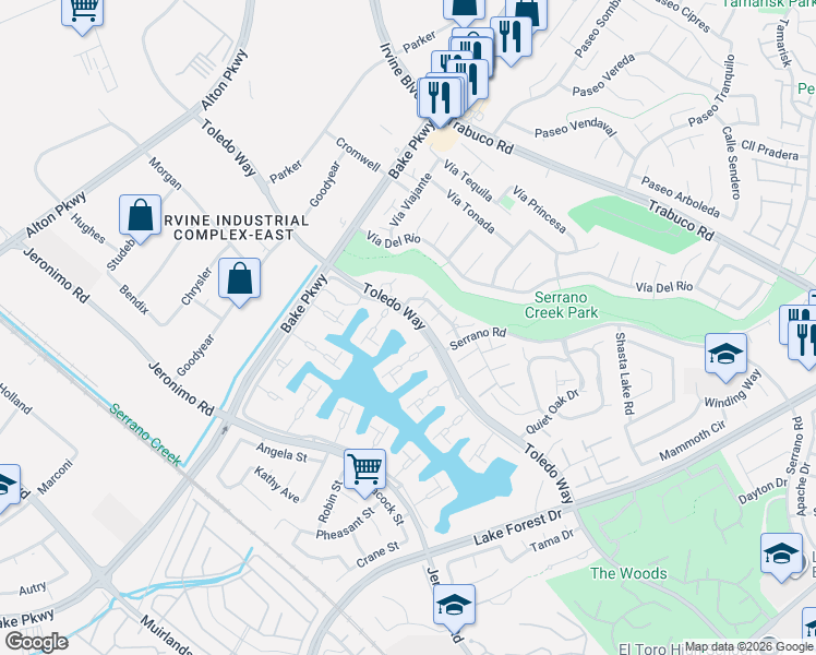 map of restaurants, bars, coffee shops, grocery stores, and more near 24466 Toledo Lane in Lake Forest