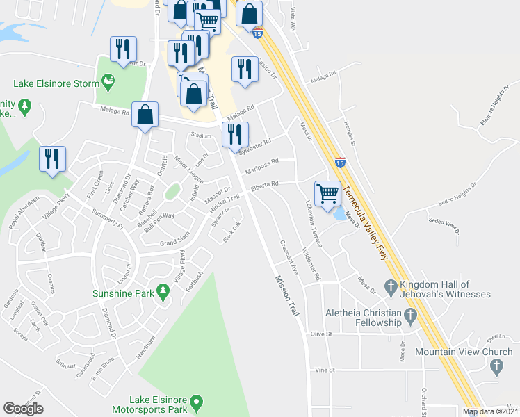 map of restaurants, bars, coffee shops, grocery stores, and more near 32501 Crescent Avenue in Lake Elsinore