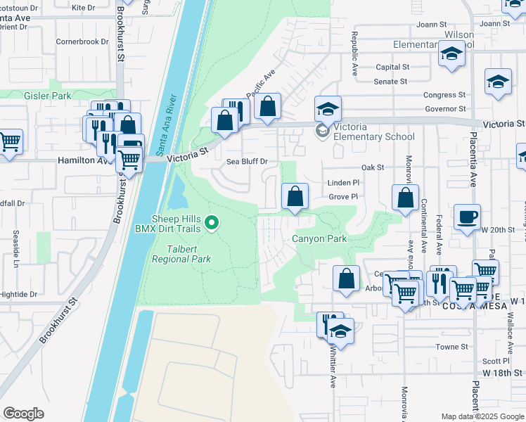 map of restaurants, bars, coffee shops, grocery stores, and more near 1095 Sea Terrace Lane in Costa Mesa