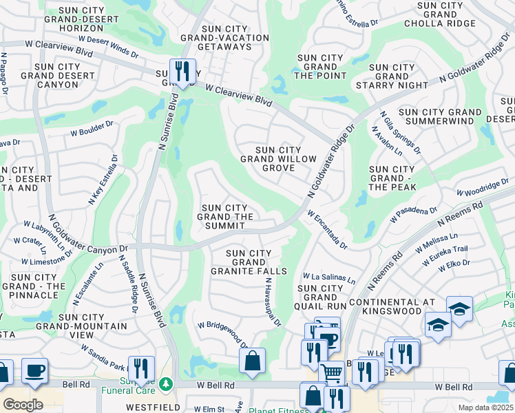 map of restaurants, bars, coffee shops, grocery stores, and more near 18011 North Timber Ridge Drive in Surprise
