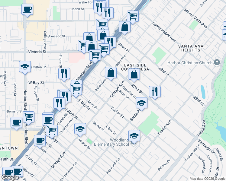 map of restaurants, bars, coffee shops, grocery stores, and more near 2145 Orange Avenue in Costa Mesa