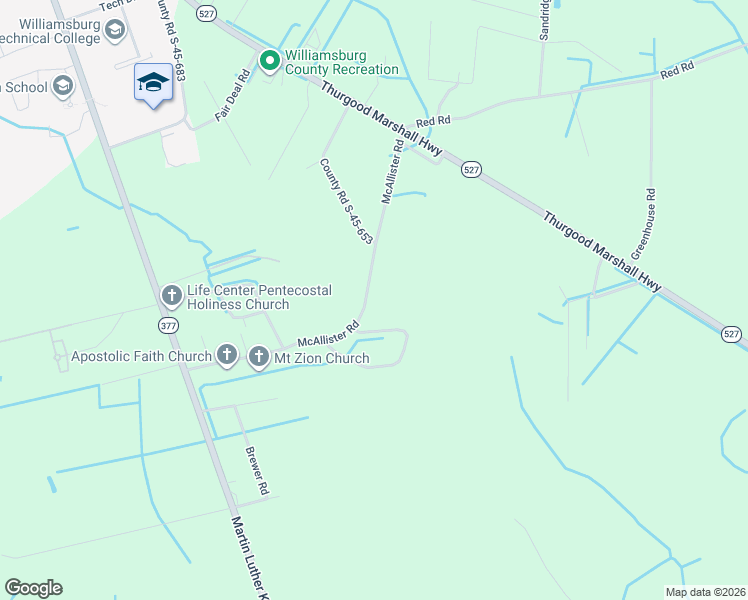 map of restaurants, bars, coffee shops, grocery stores, and more near 120 McAllister Road in Kingstree