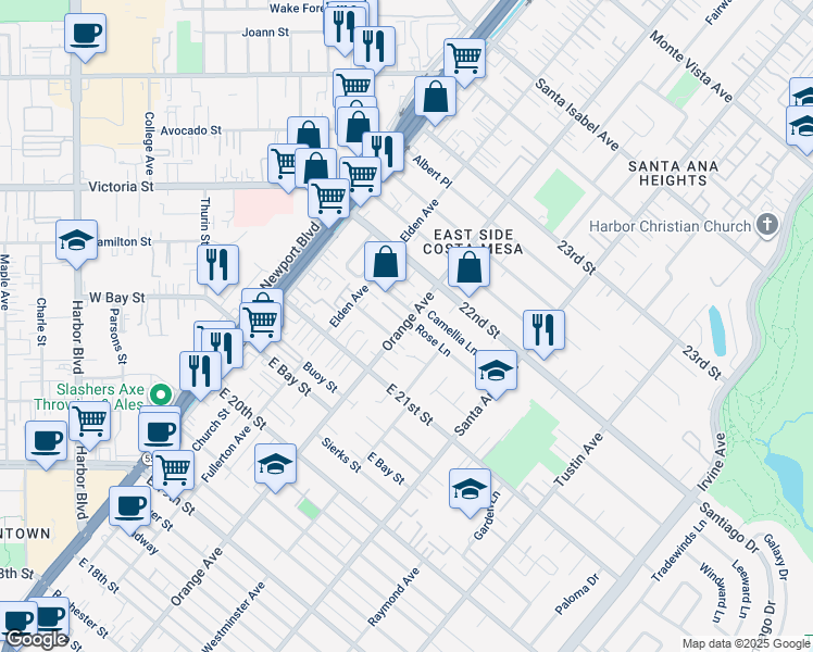 map of restaurants, bars, coffee shops, grocery stores, and more near 2158 Orange Avenue in Costa Mesa