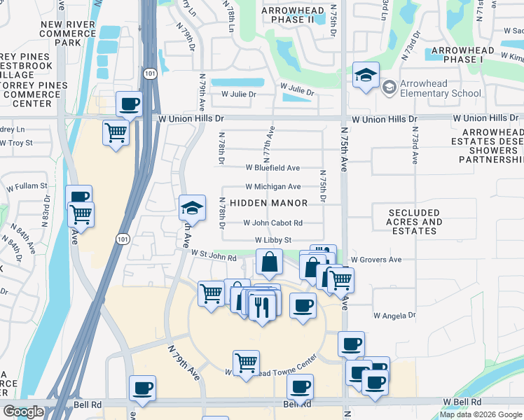 map of restaurants, bars, coffee shops, grocery stores, and more near 7707 West Villa Rita Drive in Glendale
