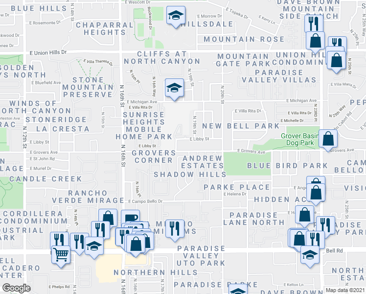 map of restaurants, bars, coffee shops, grocery stores, and more near 1830 East Grovers Avenue in Phoenix
