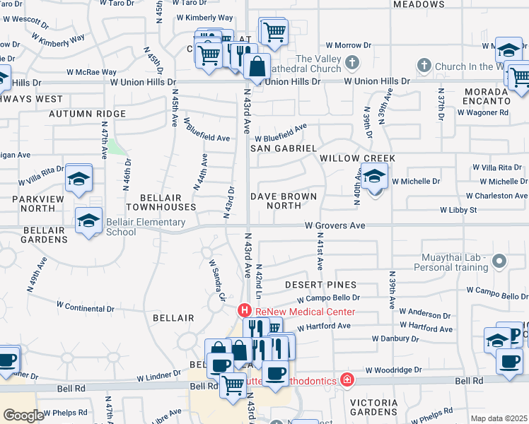 map of restaurants, bars, coffee shops, grocery stores, and more near 17818 North 42nd Avenue in Glendale