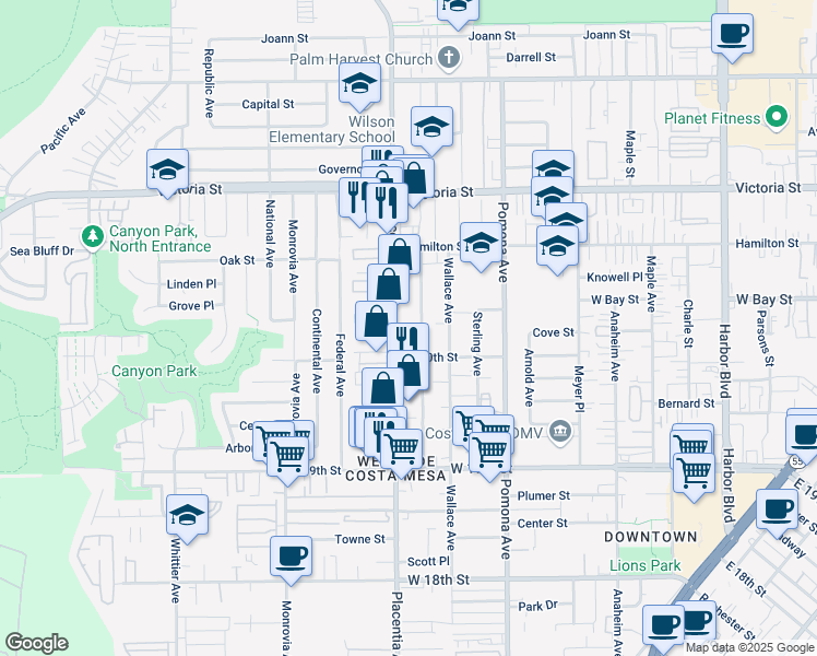 map of restaurants, bars, coffee shops, grocery stores, and more near 790 Wonder Lane in Costa Mesa