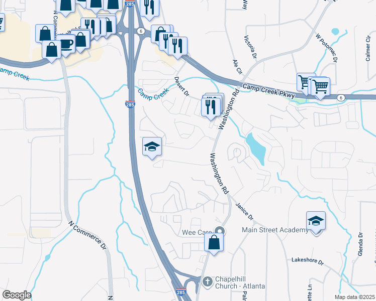map of restaurants, bars, coffee shops, grocery stores, and more near 5643 Laurel Ridge Drive in East Point