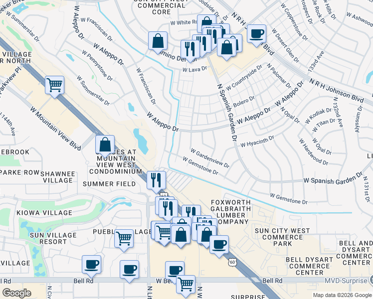 map of restaurants, bars, coffee shops, grocery stores, and more near 18002 North 136th Avenue in Sun City West
