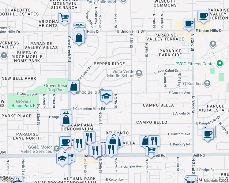 map of restaurants, bars, coffee shops, grocery stores, and more near 2650 East Grovers Avenue in Phoenix