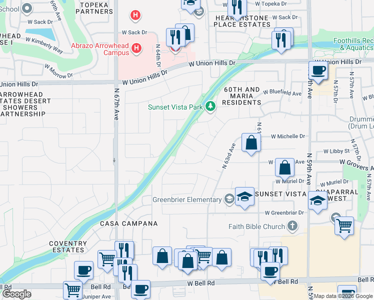 map of restaurants, bars, coffee shops, grocery stores, and more near 6417 West Libby Street in Glendale
