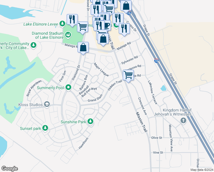 map of restaurants, bars, coffee shops, grocery stores, and more near 29501 Mascot Drive in Wildomar