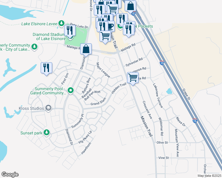 map of restaurants, bars, coffee shops, grocery stores, and more near 29501 Mascot Drive in Wildomar