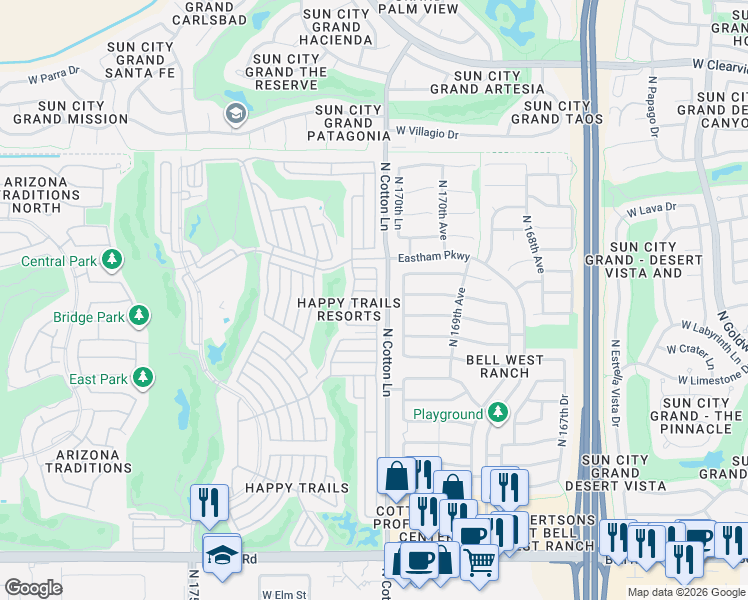 map of restaurants, bars, coffee shops, grocery stores, and more near 17200 West Bell Road in Surprise