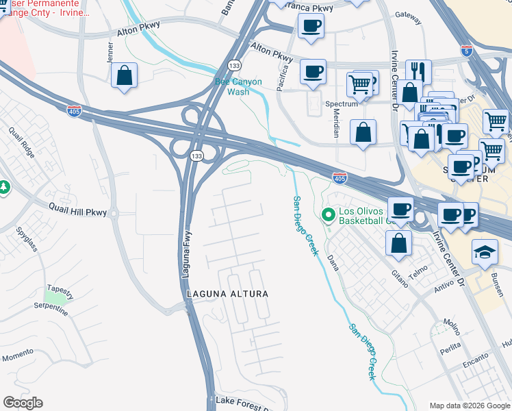 map of restaurants, bars, coffee shops, grocery stores, and more near 100 Brindisi in Irvine