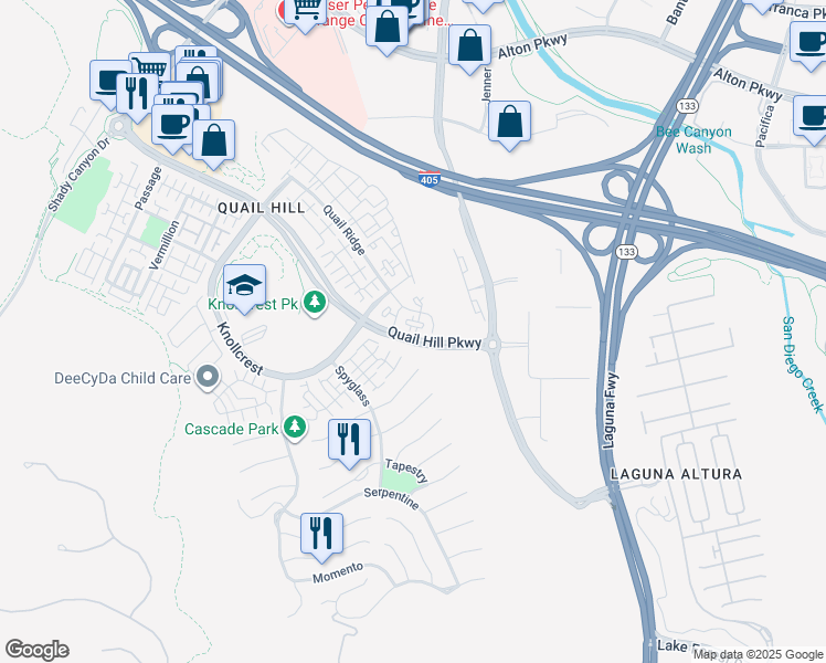 map of restaurants, bars, coffee shops, grocery stores, and more near 1135 Quail Ridge in Irvine