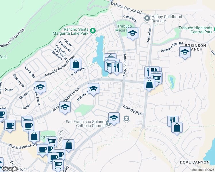 map of restaurants, bars, coffee shops, grocery stores, and more near 37 Wild Horse Loop in Rancho Santa Margarita
